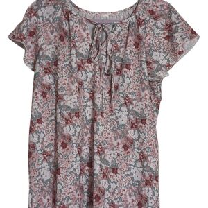 Simple Size Large Flutter Sleeve Floral Blouse With Front Tie Lightweight Flowy